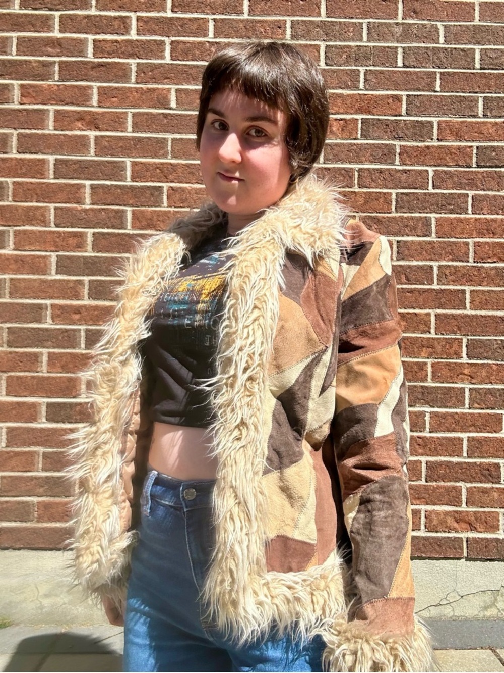 Y2K patchwork suede afghan jacket